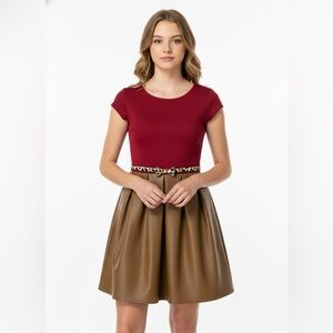 Zoe Ltd Elegant Red and Tan Vegan Leather Belted‎ Girls Dress size 10 NWT